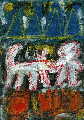 Wanderer mit Hund, rote Blumen, blaue Berge